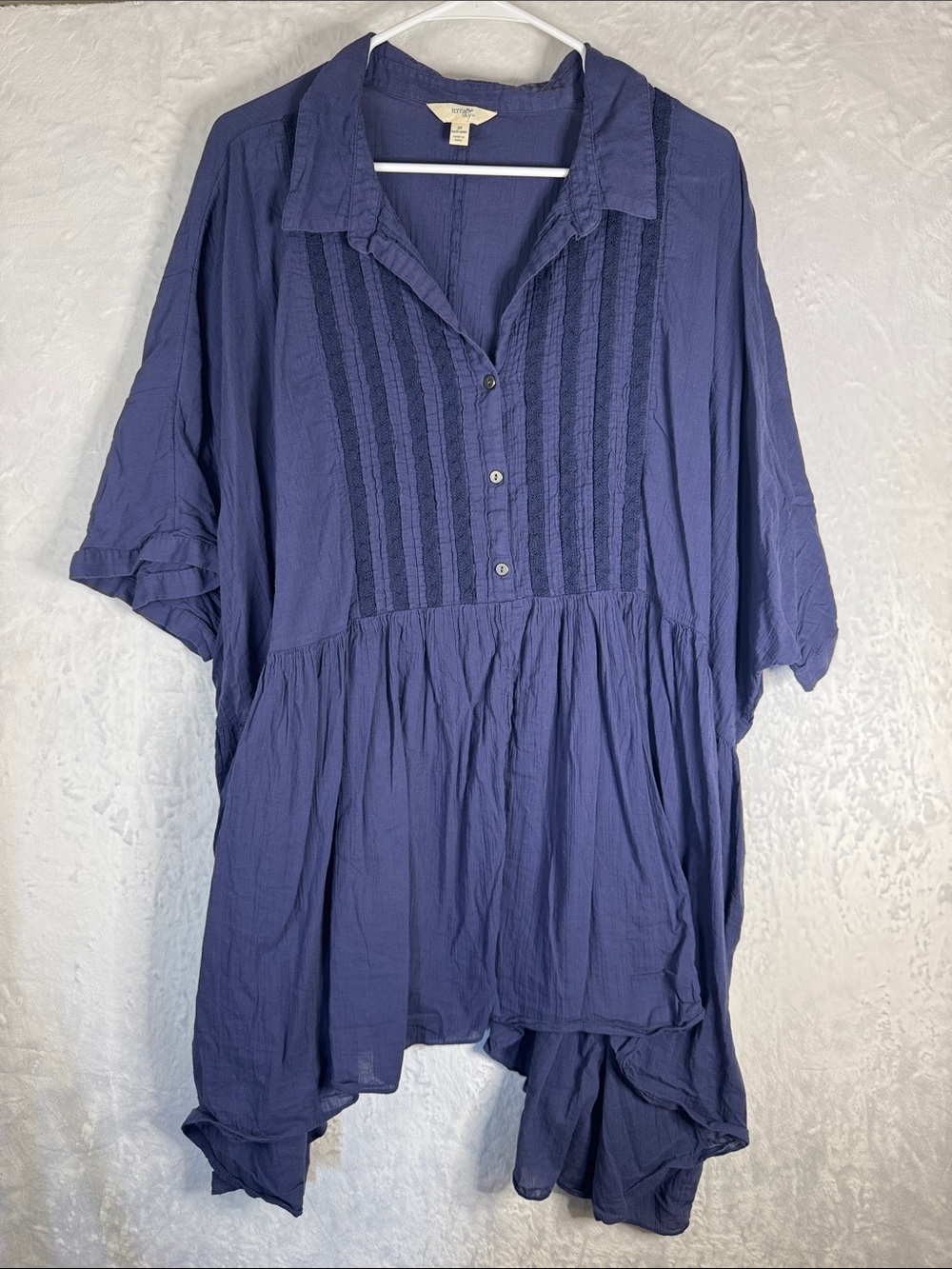 Terra & Sky Button Front Blue Gauzy 100% Cotton Tunic Top in Deep Blue 3x